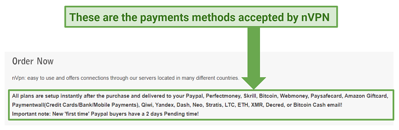 Graphic showing payment options nVPN