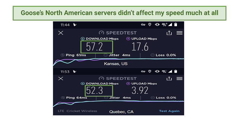 Screenshots of Goose's North American server speed test results