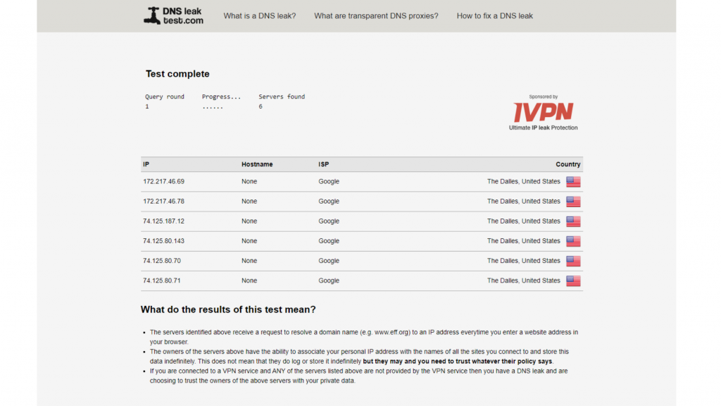 A screenshot of HideIPVPN passing DNS leak tests.
