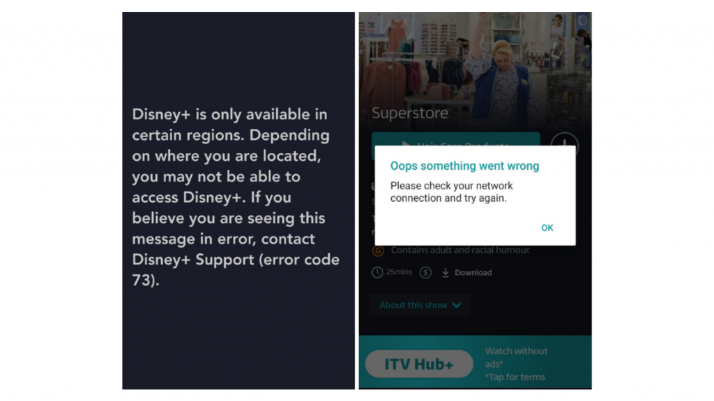A screenshot of HideIPVPN being unable to unblock to Disney+ and ITV.