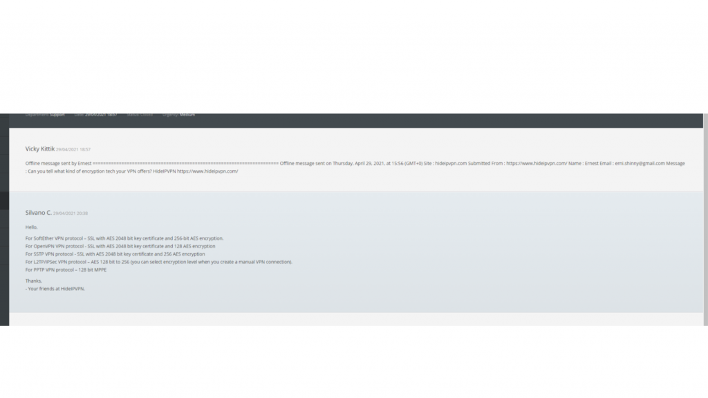 A screenshot of HideIPVPN's customer support email.