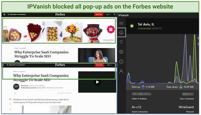 A screenshot showing IPVanish's Threat Protection blocking all banner ads on the Forbes website