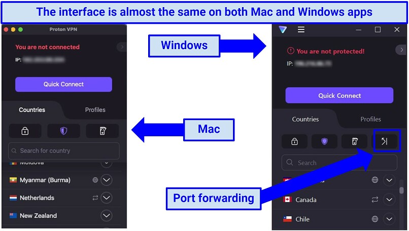A screenshot showing Proton VPN's interface is almost the same across Mac and Windows apps