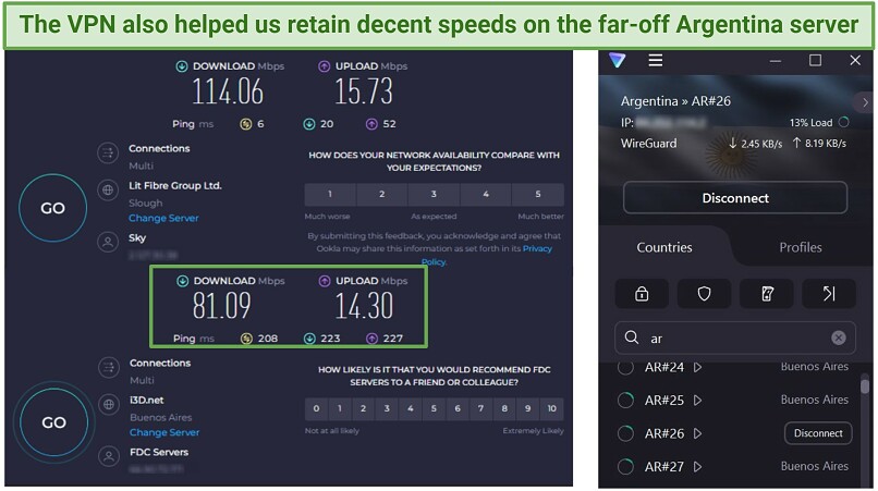 A screenshot of Ookla speed tests done while connected to Proton VPN's Argentina server and with no VPN connected