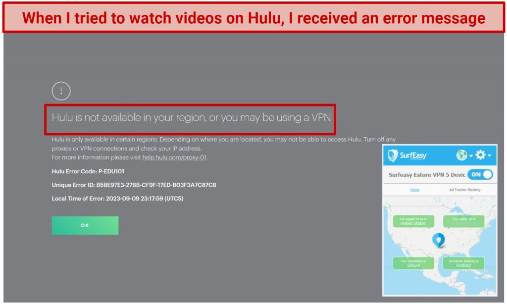 Screenshot of Hulu displaying an error message while connected to SurfEasy VPN's US server