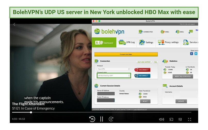 Screenshot of watching The Flight Attendant on HBO Max using BolehVPN's New York server