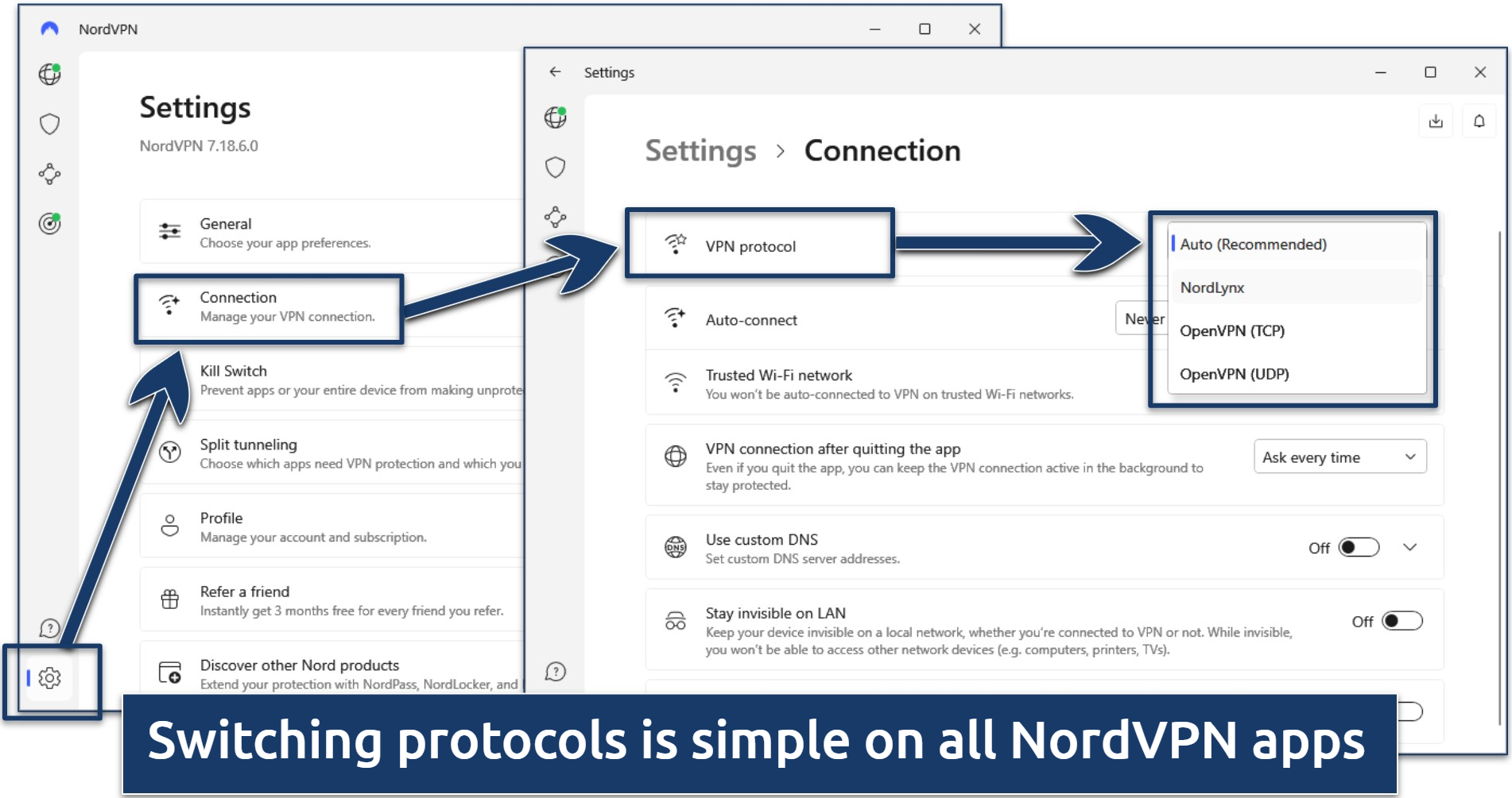 Screenshot of NordVPN Windows interface with instructions on how to change your VPN protocol