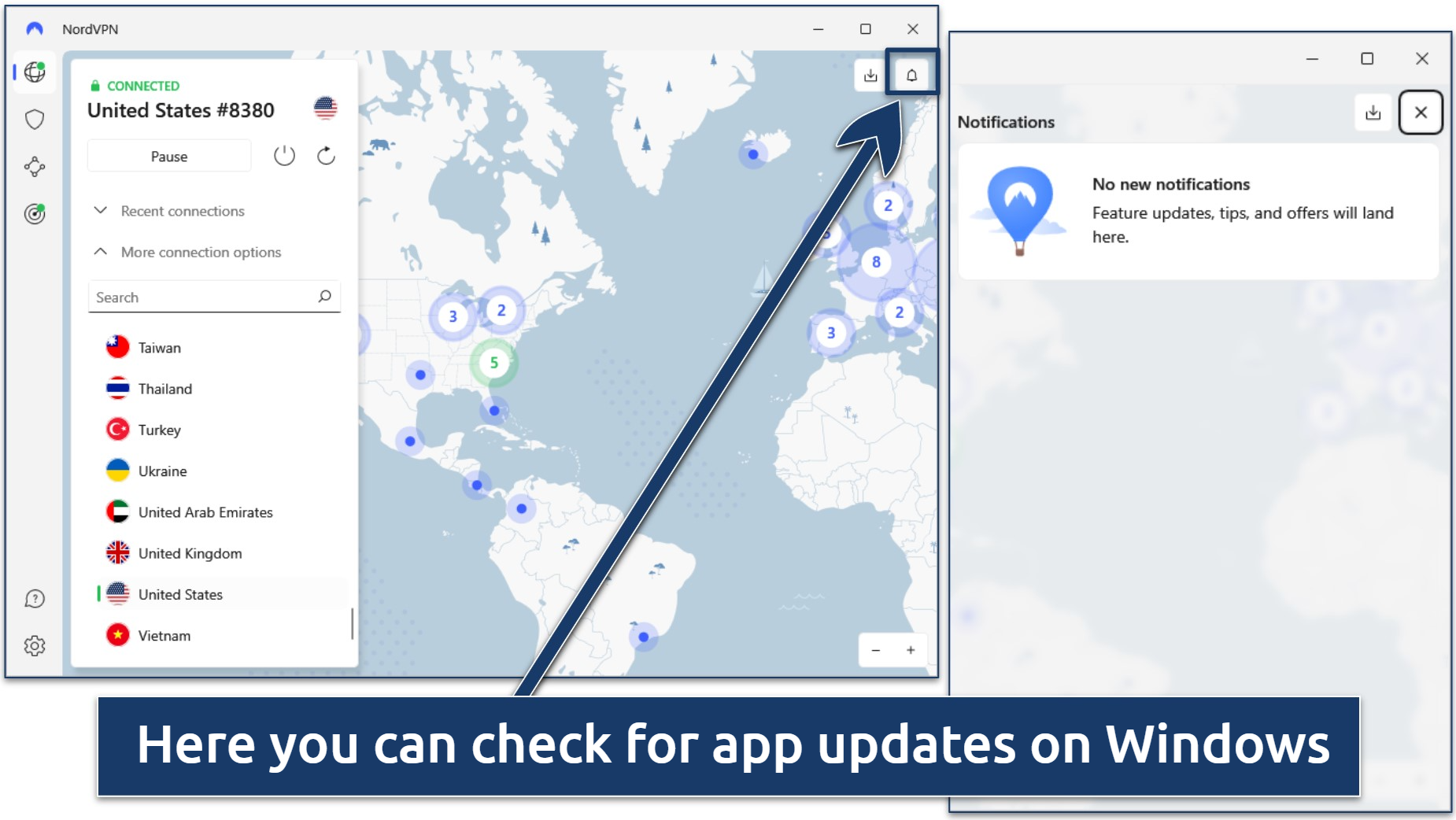 Screenshot of NordVPN Windows interface with instructions on where to check for app updates