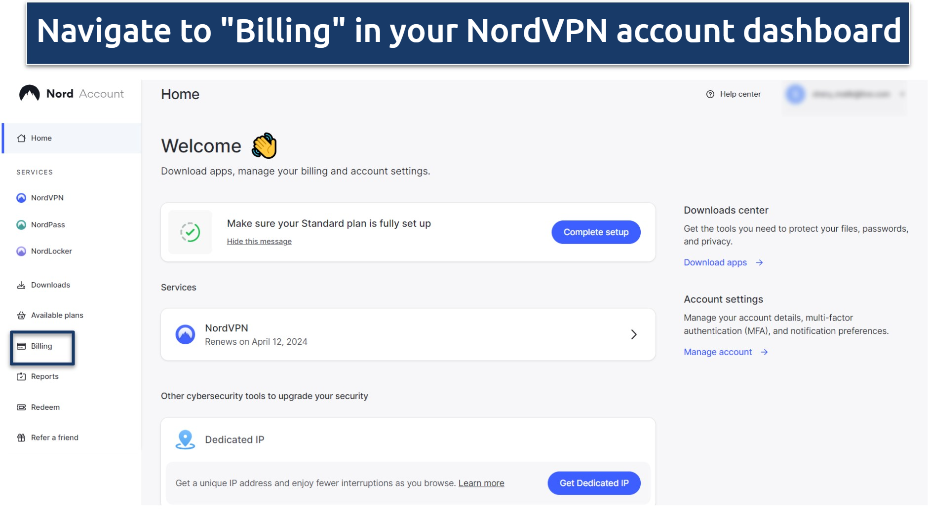 Image showing how to navigate to the billings section on NordVPN's account dashboard.