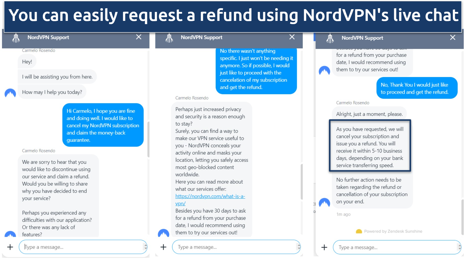Image showing a live chat correspondence requesting and being approved for a NordVPN refund