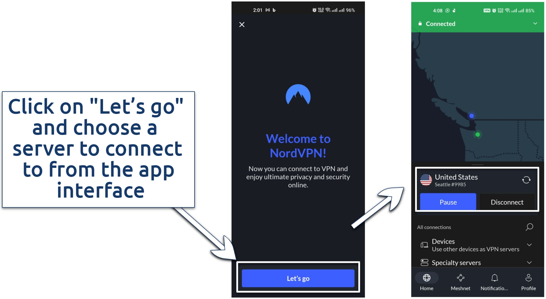 Image showing the NordVPN app interface with a US server connected