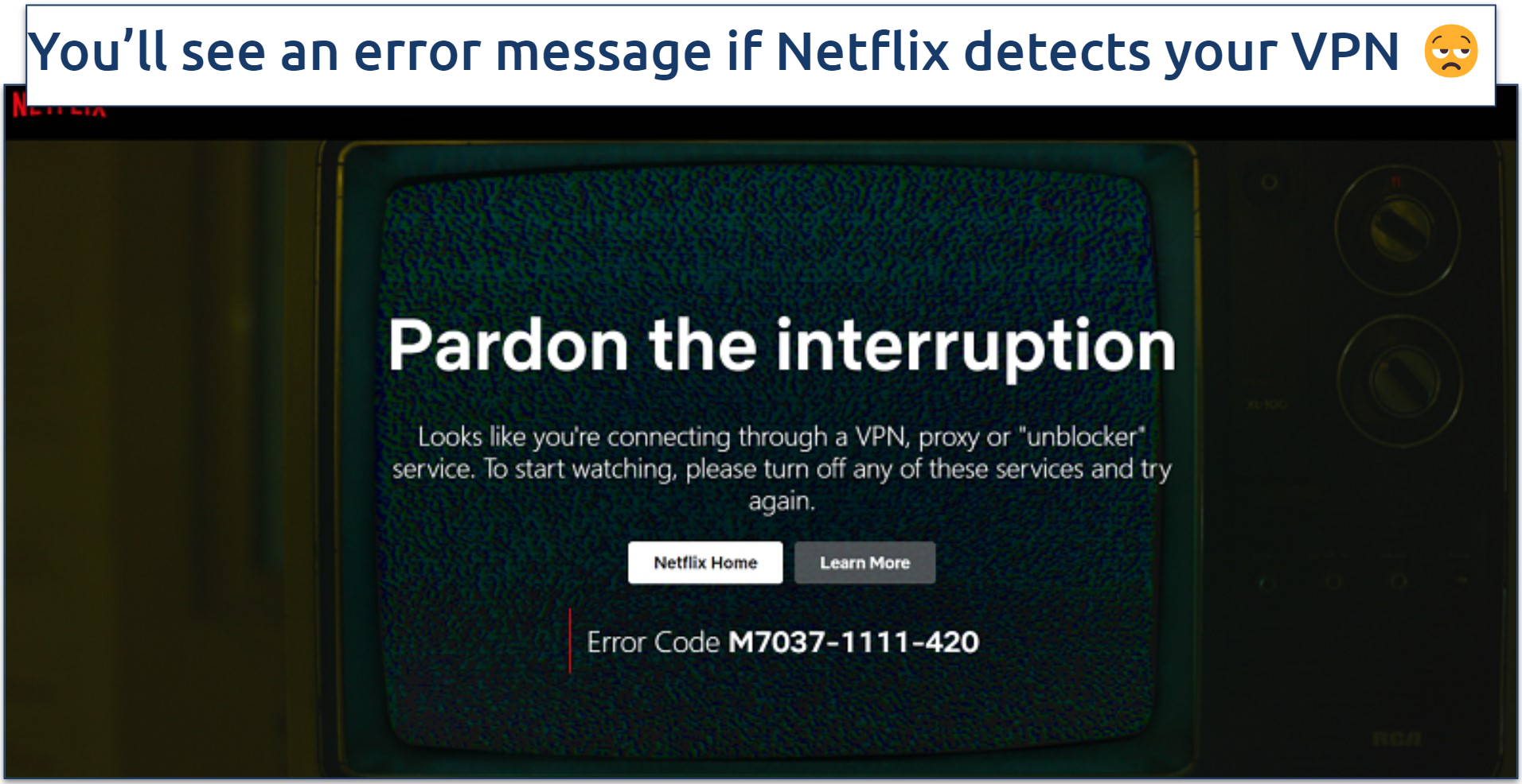 Screenshot showing the Netflix proxy error code M7037-1111-420