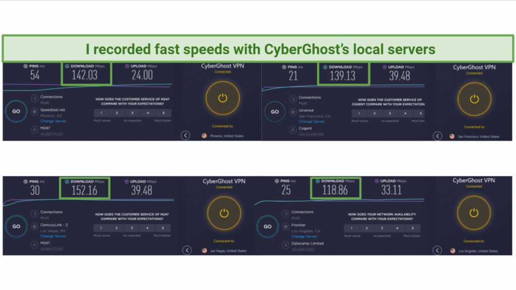 Screenshot of speed tests done on Ookla with CyberGhost 