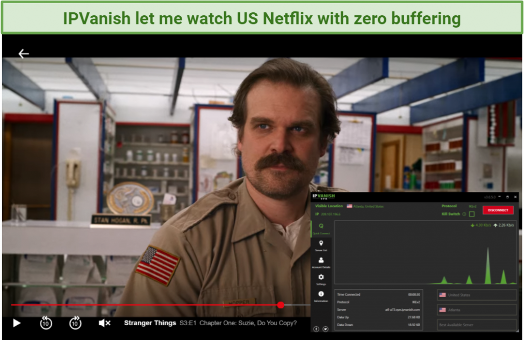 creenshot of Stranger Things streaming on Netflix player unblocked with IPVanish