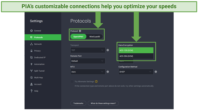 Screenshot showing how to adjust your connection settings in the Private Internet Access app