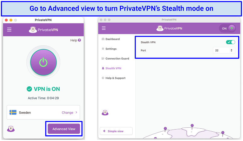 Screenshot of how to turn on PrivateVPN's Stealth mode feature within its app for Mac users