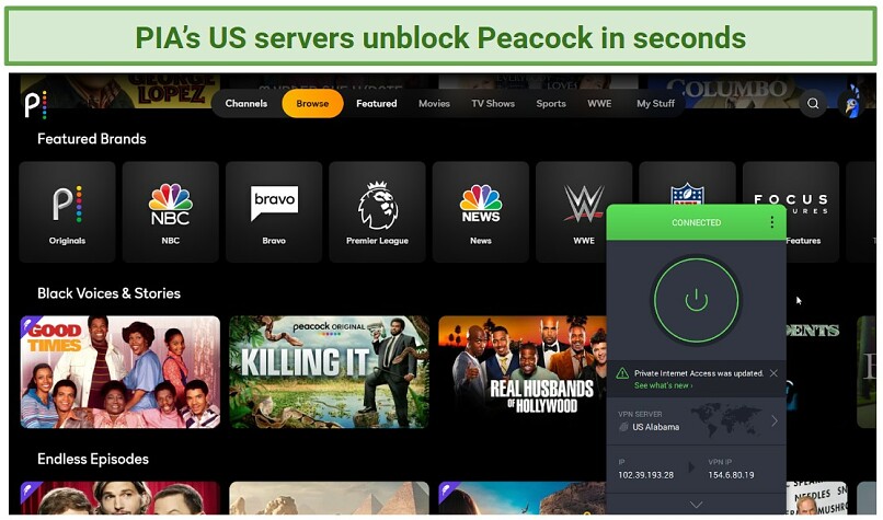 Screenshot of PIA accessing Peacock