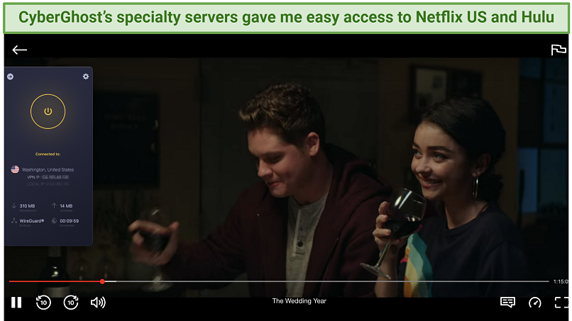 Screenshot showing the CyberGhost app connected to a US server over a browser streaming Netflix