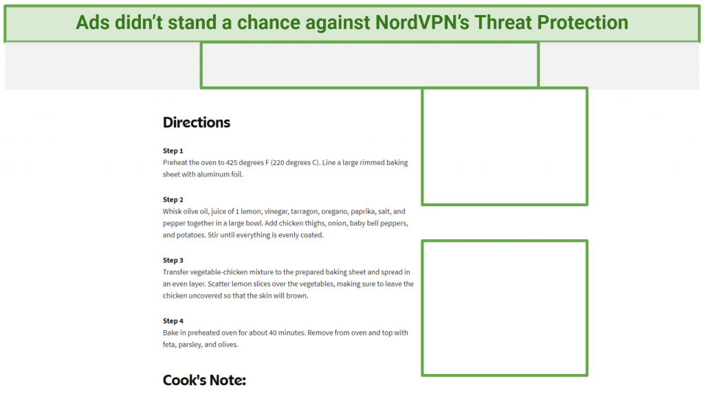 Screenshot showing a recipe from allrecipescom without ads after enabling NordVPN's Threat Protection feature