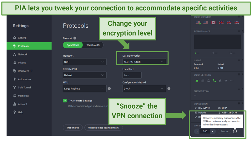 screenshot of PIA app displaying customization options, including encryption levels and 