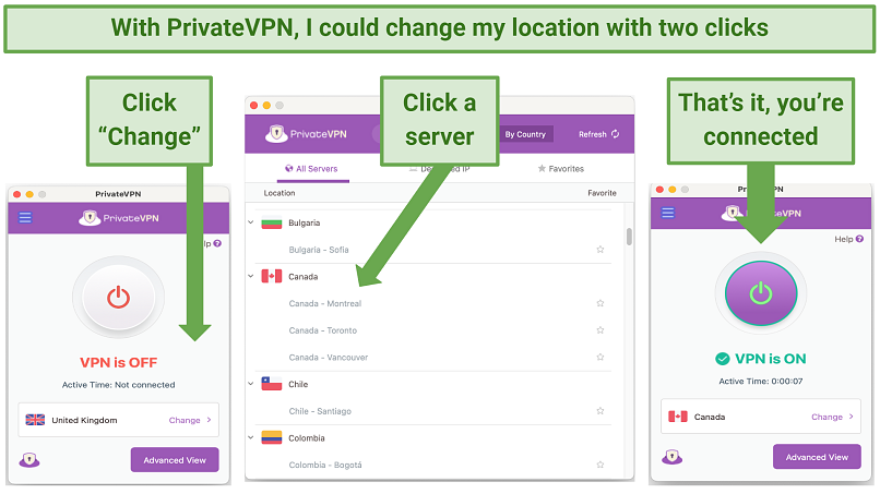 Screenshot showing how to change locations on PrivateVPN with 2 clicks