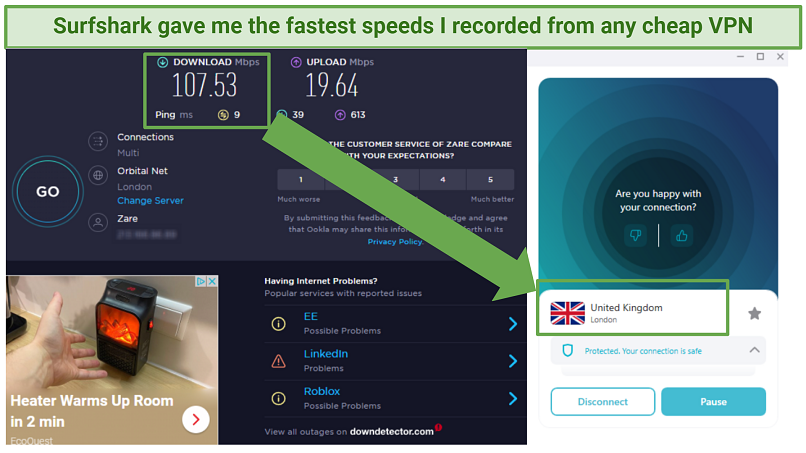 Screenshot showing the Surfshark app connected to a UK server alongside an Ookla speed test