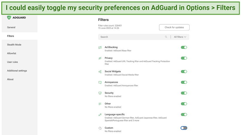 Screenshot showing how to toggle your filters in AdGuard