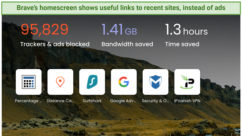 Screenshot showing the Brave browser homescreen with a summary of the number of ads blocked, and the bandwidth and time saved