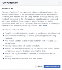 Facebook's turn platform off setting