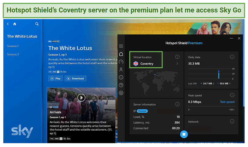 Screenshot of Hotspot Shield's premium plan accessing Sky Go