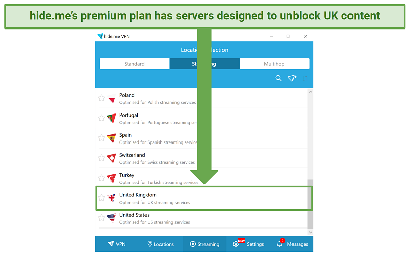 Screenshot of hideme's streaming servers in the Windows app, highlighting the UK server