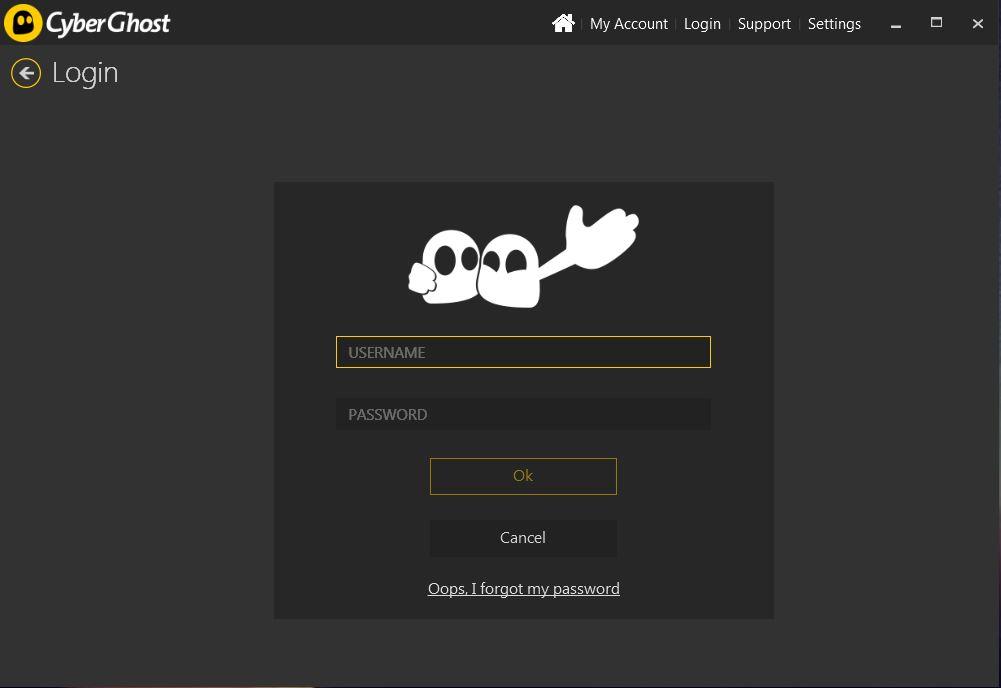 screenshot of CyberGhost's login screen