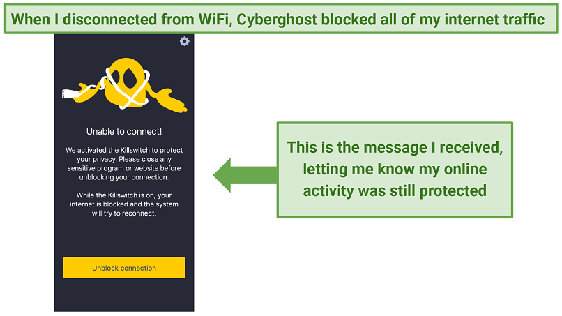 A notification from the cyberghost app saying the kill switch is activated due to a lost connection