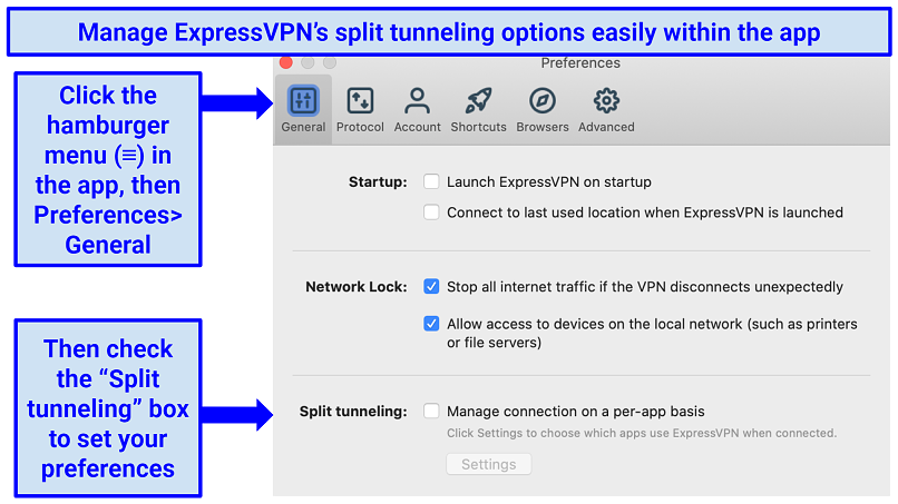 Directions of how to navigate to ExpressVPN's split tunneling feature in the app's 