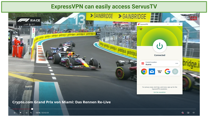 Screenshot showing that ExpressVPN can unblock ServusTV and stream F1 races