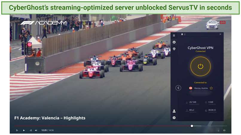 Streaming F1 on ServusTV using CyberGhost's streaming-optimized server.