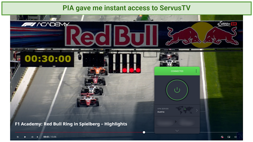 Screenshot showing that PIA can successfully unblock ServusTV