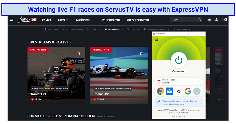 Screenshot showing ServusTV's F1 page and ExpressVPN's interface