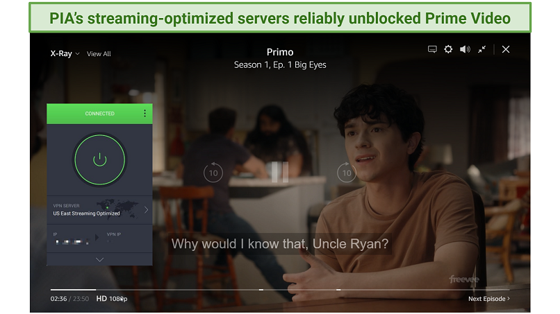 Screenshot of Prime Video player streaming Primo with PIA connected