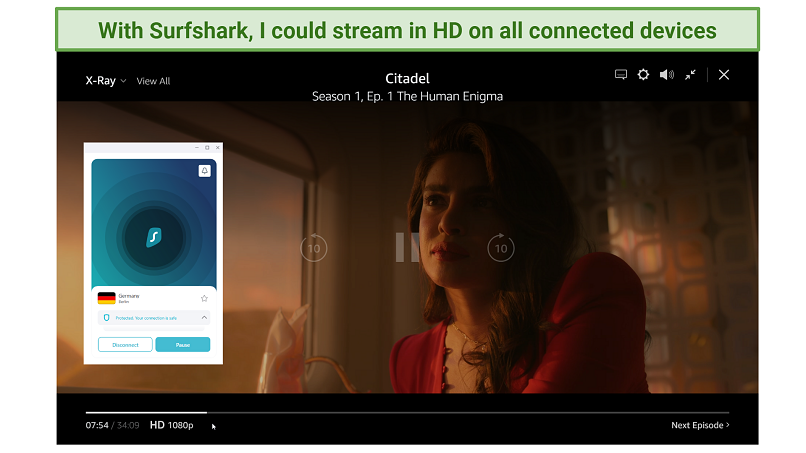 Screenshot of Citadel streaming on Prime Video Germany with Surfshark connected