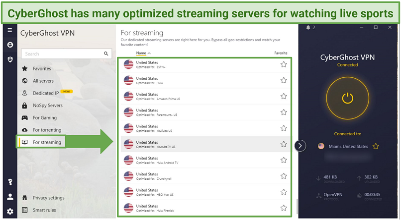 Screenshot of CyberGhot's US-optimized servers for unblocking MLB games