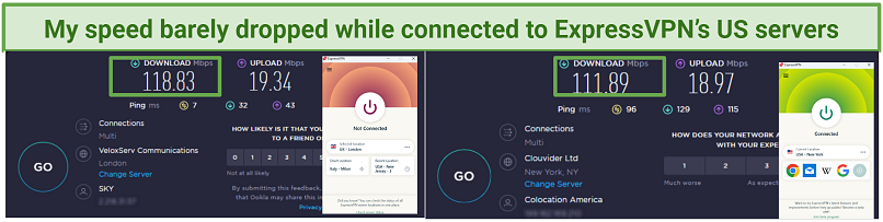 A screenshot of speed test results using ExpressVPN's servers in the US