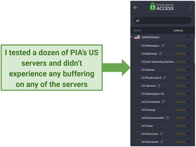 A screenshot showing some of PIA's server locations in the US