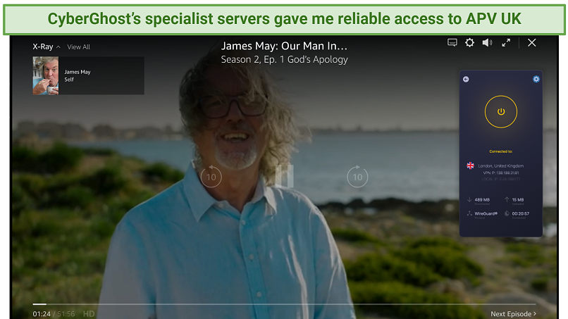 Screenshot of the CyberGhost's app connected to the UK - Optimized for Prime Video server over a browser streaming on APV UK