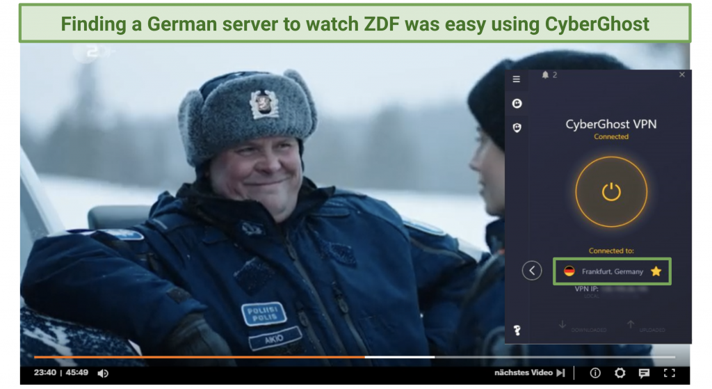 A screenshot showing CyberGhost bypassed ZDF strict geo-blocks. 