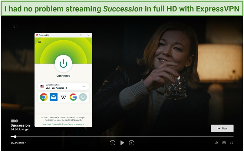 Screenshot from season 4, episode 6 of Succession streaming on Max while ExpressVPN is connected to a server in Los Angeles