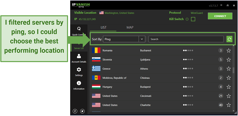 screenshot of ipvanish's UI