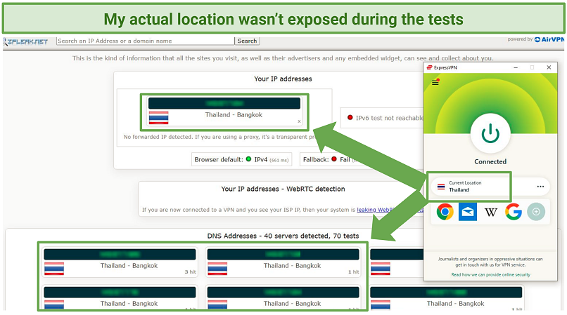 A screenshot showing ExpressVPN keeps your IP address and location private.