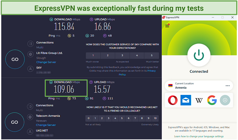 Screenshot of ExpressVPN's speed tests showing only a 6% drop