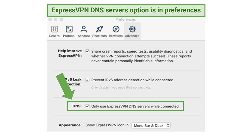 ExpressVPN Alt text: Screenshot showing how to enable the use of ExpressVPN's DNS servers within the app's 